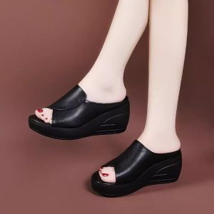 [Free Shipping] Soft Leather Wedge Sandals For Women Platform Thick-Soled 2026 New Summer Fashion High-Heeled Slip-On Sandals For Outdoor Wear