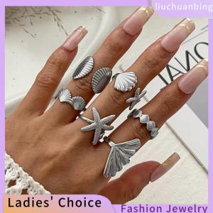 [COD] liuchuanbing Jewellery 4 6 7 9 cái bộ Cổ Điển Mặt Trời Sao Biển Mở Nhẫn Cho Phụ Nữ Người Đàn Ông Punk Không Thường Xuyên xếp li Vòng Ngọc Trai