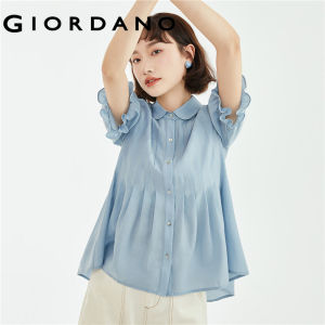 GIORDANO Nữ Áo sơ mi Acetate Chiffon Áo sơ mi nhẹ Cổ tròn Tay ngắn xếp ly thời trang thường ngày 18343606