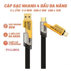 Dây sạc bọc dù 4 trong 1 65W 27W Fullbox dây dẹt chống rối lõi đồng siêu bền