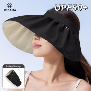 HOZADA Women Sun Cap Sun Visor Hat Foldable Empty Top Hat UPF50+ Sun Hats Portable Beach Cap Large Brim Cap Sun Protection Cap UV Protection Hats With Windproof Rope for Outdoor Travel