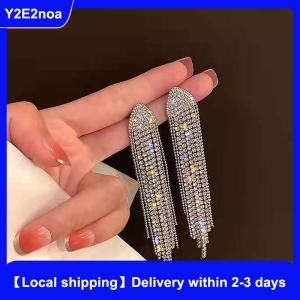 【Local shipping】 Long Tassel Full Rhinestone Drop Earrings For Women Ovsize Dangle Earrings Fashion Jewelry Accessories
