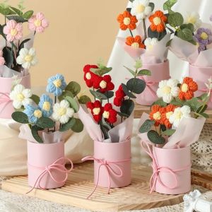 FULUPUGANG Colorful Crochet Flowers Knitted Handmade Artifiical Folwer Bouquet Home Decoration with Bucket Artificial Flower Potted Plant Valentines Day