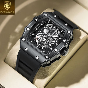 นาฬิกาซิลิโคนสำหรับกันน้ำผู้ชาย POEDAGAR นาฬิกาข้อมือเรืองแสงปฏิทินดีไซน์แบบกลวงใหม่ดั้งเดิม