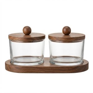 Set Hũ Thủy Tinh Tròn Nắp Gỗ Kèm Khay Đựng Gia Vị Hạt Khô [SHTT003]