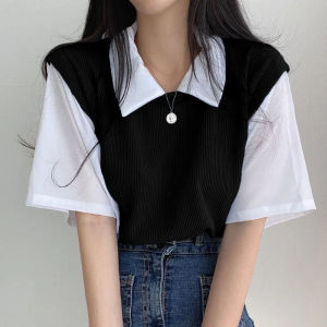 Korean Retro College Style Polo Shirts Collar Sweater Women Color Block Loose Chic High-end Top
