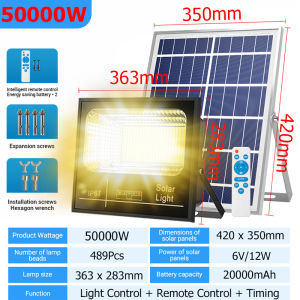 Slamp 50000W Solar Light Outdoor Waterproof LED Heavy Duty solar lights with solar panel Light Control Induction solar garden lights Charged Power Display Security solar flood light with Remote Control for Courtyard Street Balcony