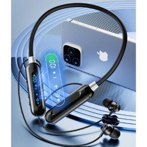 สายคล้องคอบลูทูธ หูฟังไร้สายอายุการใช้งานแบตเตอรี่ที่ยาวนานเป็นพิเศษไฮไฟความเที่ยงตรงสูงคุณภาพเสียงหูฟังกีฬาที่อุดหูโปร่งใสพร้อมจอแสดง