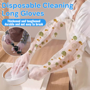 Disposable Cleaning Long Gloves Printed Food Grade Plastic Thicken Arm Gloves Durable Waterproof Household 10PCS