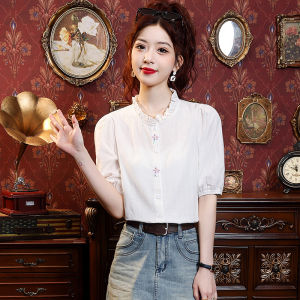 AMMIN 2024 Summer Stringy Selvedge Stand Collar Single-Breasted Cotton Short-Sleeved Shirt Womens French Embroidery Floral Elegant Graceful Commuter Blouse