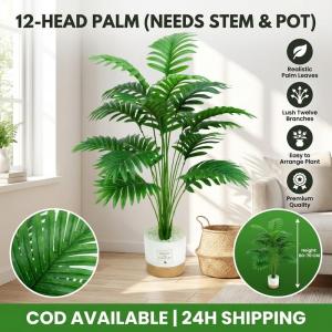 12 Heads Artificial Areca Palm Branches 60-70 Leaves Realistic Fake Palm Tree Leaves for Indoor Home Office Decor (Pole and Pot Not Included)