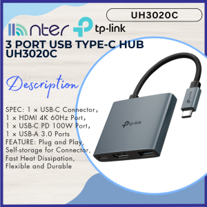 TP-LINK Tplink UH3020C USB 3 Port Hub Type C Type A HDMI 100w Fast Charging Type C Port Plug and Play UH3020C