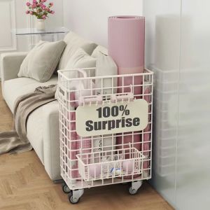 ตะกร้าเก็บอุปกรณ์กีฬา เก็บของเล่น ตะกร้าเก็บเสื่อโยคะพร้อมตะขอขนาดเล็ก ตะกร้าเก็บเสื่อโยคะชั้นวางอุปกรณ์ออกกำลังกาย ตะกร้าเก็บไม้แบดมินตันพร้อมล้อ