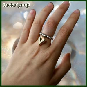 tuokaiguoji Elegant Metal Heart Elastic Rope String CCB Round Bead Ring Gold Heart Pendant European And American Adjustable Ring