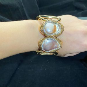 Handmade Natural Baroque Freshwater Pearl Amethyst Crystal Cuff Bracelet Bangle Golden Rhinestone Lucky Bangle for Women Gift h260610