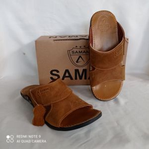 Saman Sandal Kulit Pria Selop Cokelat Sendal Slop