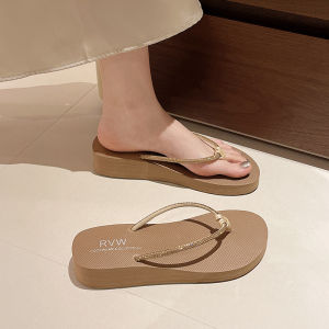 2025 New WomenS Summer Fashion Beach Sandals Thick-Soled Wedge Flip-Flops With Rhinestones For Outdoor Wear
