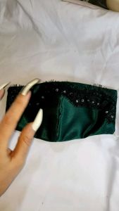 Masker Satin Hias Hijau Botol Renda Cantik - Masker Pesta Cantik - Masker Kain Satin Hias Cantik