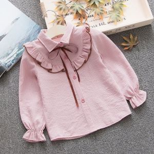 100-160cm Girls Ruffles Blouse Long Sleeve Korean Stripes Bow-knot Flounces Shirt for 2-12 yrs old