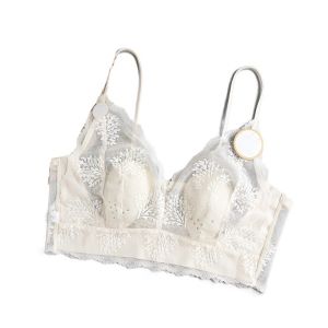 LANGJ ป้องกันการกระแทก บราไร้สายแบบลึก V ตาข่าย ป้องกันการหย่อนคล้อย ชุดชั้นในแบบดันทรง สะดวกสบาย ชุดชั้นใน บราลูกไม้สำหรับผู้หญิง สาวๆ