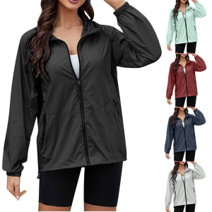 พร้อมกระเป๋ากันลมเสื้อกันฝนแบบรูดซิปสำหรับผู้หญิงที่มีน้ำหนักเบาแขนยาวแจ๊กเก็ตนอกมีฮู้ดกันน้ำ