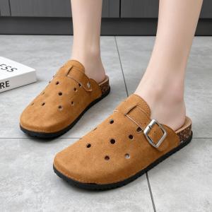 Women Closed Toe Slip On Mule Shoes Perforated Breathable Soft Cork Insole Adjustable Buckle Non Slip Home Outdoor Slippers