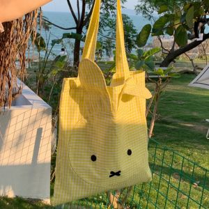HEFEI Grid Rabbit Shoulder Bag Check Cartoon Embroidery Canvas Bag Fashion Embroidered Womens Handbag Beach