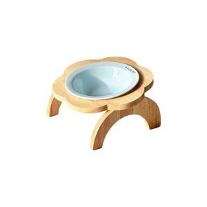 YIYU STUDIO Ceramic Flower Shaped Pet Bowl Non-Slip Anti-Spill Elevated Cat Bowl Cute with Wooden Stand Dog Feeder for Cats Dogs