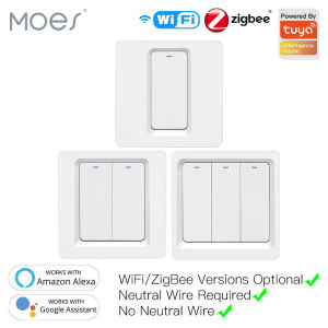 MOES Tuya WiFi Smart Switch Push Button Wall Light Switch No Neutral Wire and N+L Required Alexa Home Compatible