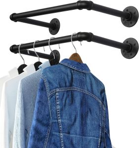 OROPY Industrial Clothes Rack 21.2” Set of 2 Heavy Duty Wall Mounted Black Iron Garment Bar Multi-Purpose Clothing Hanging Rod for Laundry Room and Closet Storage