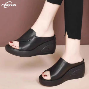 Summer Soft Leather Slope Heel Wedges Slippers Women Korea Style Outwear 7cm Thick Sole Sandals Non-slip and Wear-resistant Chunky Platform Sandal Beach Slipper