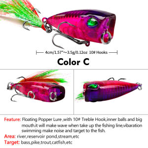 ZEEMIN Mini Popper Fishing Lures 4.3cm 4g Topwater Hard Bait Artificial Wobblers Plastic Pesca Fishing Tackle with 10# Feather Hooks
