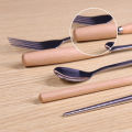 Locaupin Tableware Wooden Handle Stainless Steel Cutlery Spoon Two Prong Fork Knife Chopsticks Teaspoon Dinner Dish. 
