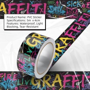 INTOONE Opaque Backing Sticker Tape Waterproof PVC Scratch Resistant Washi Tape Graffiti Style Roll Format Decorative Tape for Fish Tanks Scrapbooking Journaling