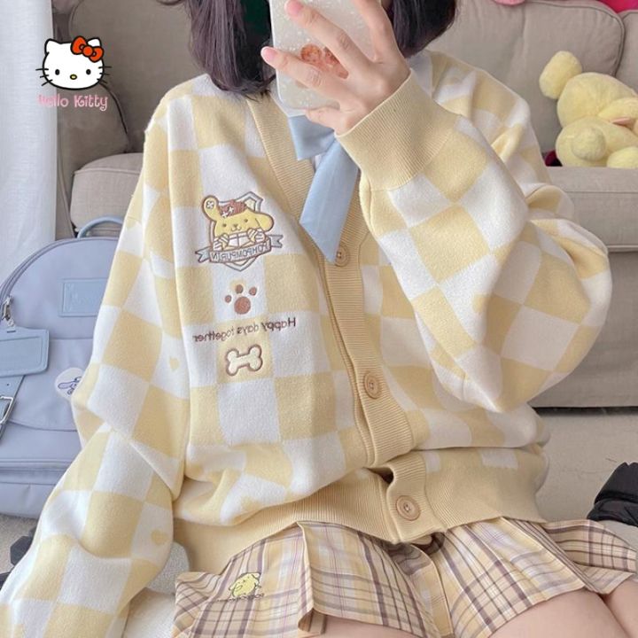 Kawaii Sanrio Pompom Purin Plaid Coat Cute My Melody Kuromi Cinnamoroll Autumn  Winter Student Sweater Cal Jacket Sweater Gift