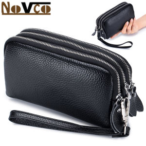 Novco Genuine Leather Women Long Wallet 3-Layer Zipper Clutch Purse Bag  New Large Capacity Wristlet Wallet Phone Bag Money Pocket Lady Clutch Coin Purse With a Wristlet Strap