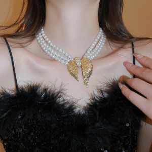 HEALMEYOU Fashion Multi-layer Pearl Necklace Light Luxury Advanced Sense Angel Wings Necklace French Elegant Clavicle Chain Women