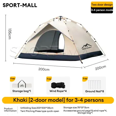 SPORT 2.2m*2m Khemah Camping tent 4 person Pop Up Tent 2 Door Auto Tent Waterproof Silver coating Anti-UV Outdoor tent