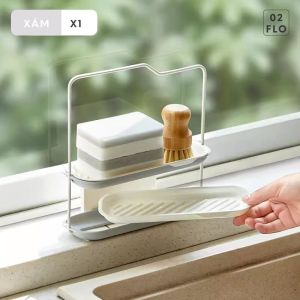 Kệ treo đa năng đựng đồ bồn rửa chén bát có thể dán tường chất liệu thép carbon có khay đựng nước