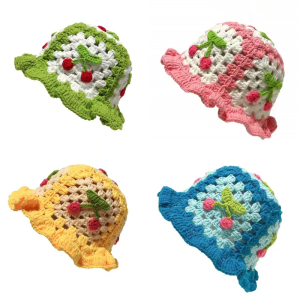 หมวกหมวกสตรี Y2K หมวกถักโครเซทสำหรับเด็กลายปลาทองน้อยทนทานต่อการเย็บติดหมวกผู้หญิงเชอร์รี่ที่น่ารักหมวกถักมือที่น่ารักหมวกปาร์ตี้