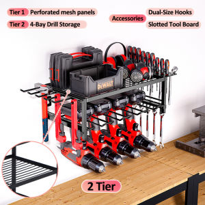 LivinEase 2/4-Tier Heavy Duty Wall mounted Tool Organizer Rack - Garage Storage with Solid Shelves 6-Bay Drill Holder & Hooks Space Saving Design