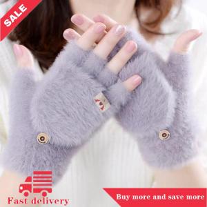 [COD] Mùa đông phụ nữ nửa ngón tay Flip-Top Găng Tay sinh viên dễ thương Cô gái phim hoạt hình ấm áp thoải mái mềm mại phong cách dày đan găng tay