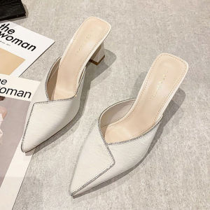 Fashion Point Head Sandals Summer Womens High-heeled Shoes with Thick Heels and Wrapped Half slippers