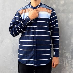 CHIGIN STORE Kemeja Kemko Koko Pria Salur Stripe Lengan Panjang Atasan Fashion Muslim Dewasa Remaja