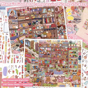 PAZNUL 3D Grocery Store Sticker PET 2 Themes Miniature Landscapes Stickers Collection Cute Removable DIY Cabin Scene Sticker Decompress