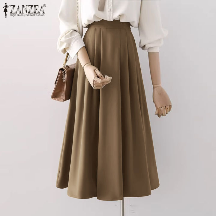 ZANZEA Women's Skirt Casual Elastic High Waist A-Line Pleated Overskirts  Fashion Plain Midi Skirts #4 Lazada PH