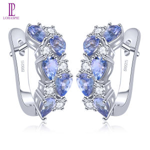 Lohaspie Jewelry Pure 1.3 Carats Sterling Silver 925 Original Clip Earring Natural Tanzanite Rhodolite Garnet Clip Earring Light Blue Gemstone Women Fashion Clip Earring Jewelry