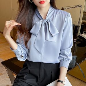 High Quality White Green Blue Long Sleeve Office Lady Blouse Solid Color Korean Fashion Casual Lace Up Collar top