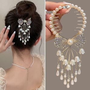 Diamond Bow Pearl Tassel Bud Hair Clip Bud Hairstyle Clip Pearl Tassel Hairpin Hair Accessories