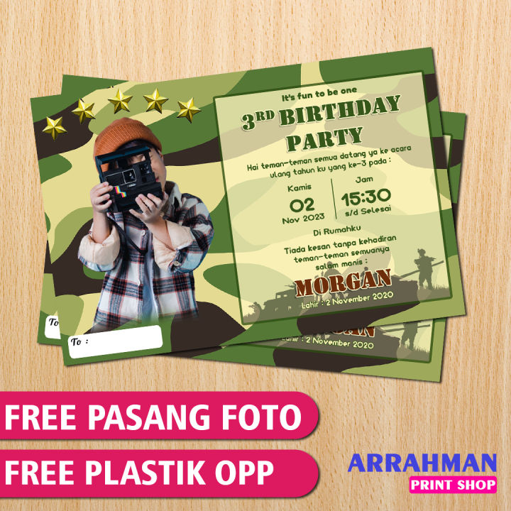 Isi 50 Lembar Undangan Ultah Tema TNI / Tentara / Militer Ukuran 12x8
